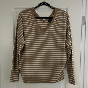 Banana Republic Tan and White Striped V-Neck Sweater